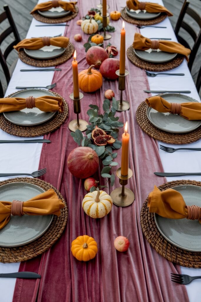 Effortless Harvest Table Looks: Thanksgiving Tablescapes Simple & Chic 27 Sophisticated Thanksgiving table with a velvet burgundy runner, orange taper candles, woven chargers, mustard napkins, and a centerpiece of pomegranates, mini pumpkins, and eucalyptus.