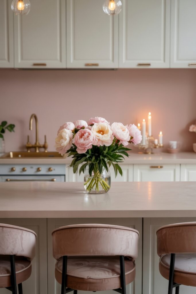 Inspiring Styles to Refresh Your White Kitchen Cabinets 28 Feminine kitchen design with white cabinets, light pink walls, a bouquet of pale pink flowers, and a gold faucet, creating a soft, luxurious atmosphere.