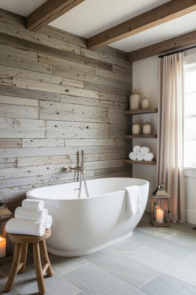 Creative Ways to Elevate Your Bathroom Wall Decor 32 Rustic bathroom with a freestanding white tub, reclaimed wood wall, exposed ceiling beams, and soft neutral decor including rolled towels and lanterns for a cozy spa ambiance.