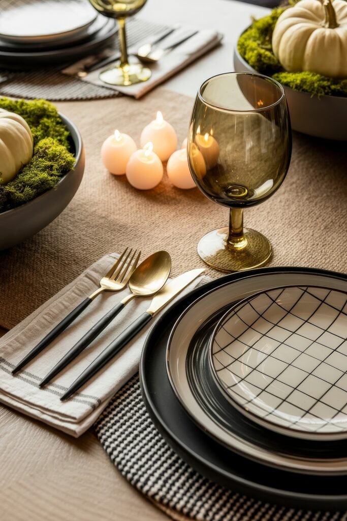 Monochrome Marvels: Black & White Thanksgiving Tablescapes 30 Warm and inviting thanksgiving place setting with grid-patterned plates, golden flatware, a mossy pumpkin centerpiece, smoky glass goblet, and glowing white ball candles.