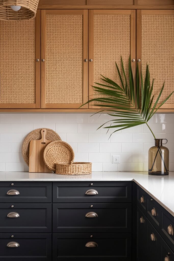 Stunning Ways to Style Black Kitchen Cabinets 34 Bohemian-inspired kitchen with black lower cabinets, natural woven upper cabinet doors, white subway tile backsplash, and rattan decor accents including baskets and a tall glass vase with a palm frond.