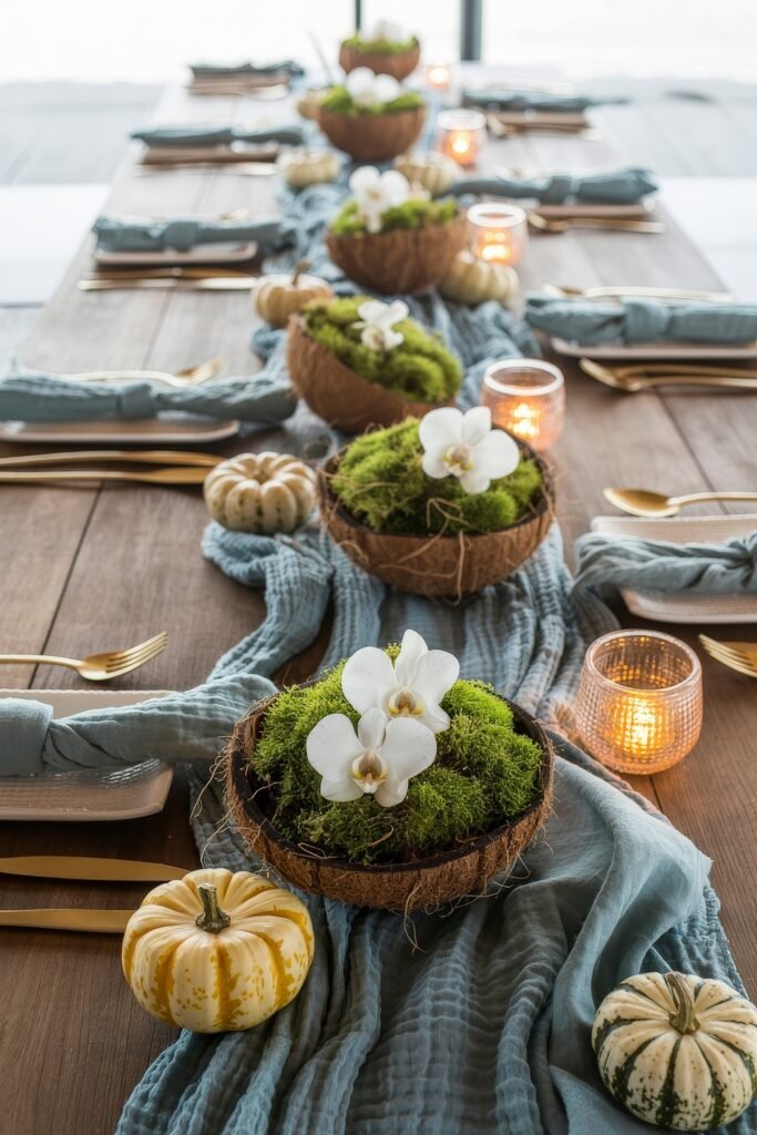 Breezy Blues & Driftwood Accents: Coastal Thanksgiving Tablescapes 29 Fresh coastal-inspired table decor with halved coconuts filled with moss and orchids, mini pumpkins, blue fabric runner, and flickering candles in a breezy, tropical setting.