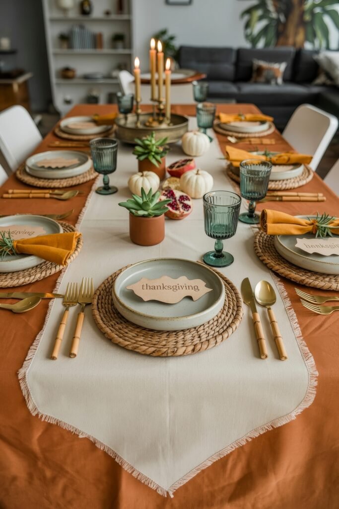 Effortless Harvest Table Looks: Thanksgiving Tablescapes Simple & Chic 28 Casual yet festive thanksgiving tablescape with woven chargers, green goblets, white pumpkins, pomegranates, succulents, and a beige table runner layered over burnt orange linen.