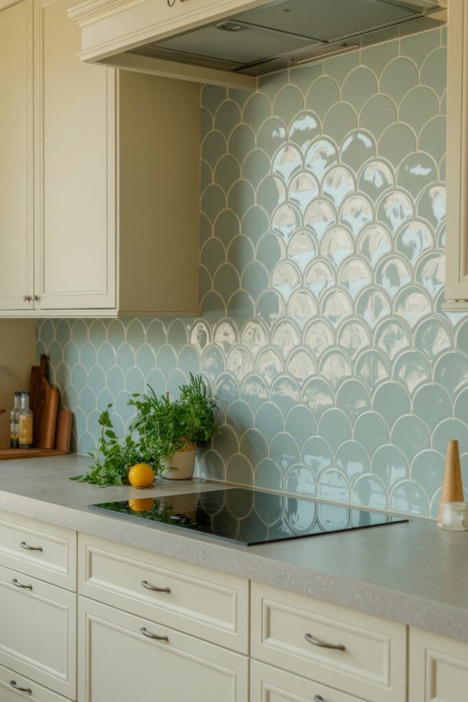 Inspiring Styles to Refresh Your White Kitchen Cabinets 29 Light and airy kitchen with white cabinets, soft blue fish scale tile backsplash, and fresh herbs on the counter, evoking a breezy coastal feel.