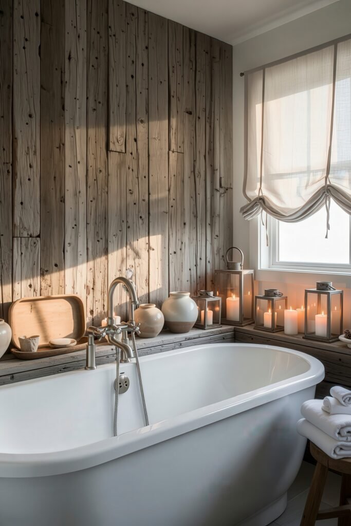 Creative Ways to Elevate Your Bathroom Wall Decor 33 Serene bathroom with a vintage-style soaking tub, warm candlelight, pottery decor, and weathered wood paneling, creating a tranquil retreat with organic textures and soft lighting.