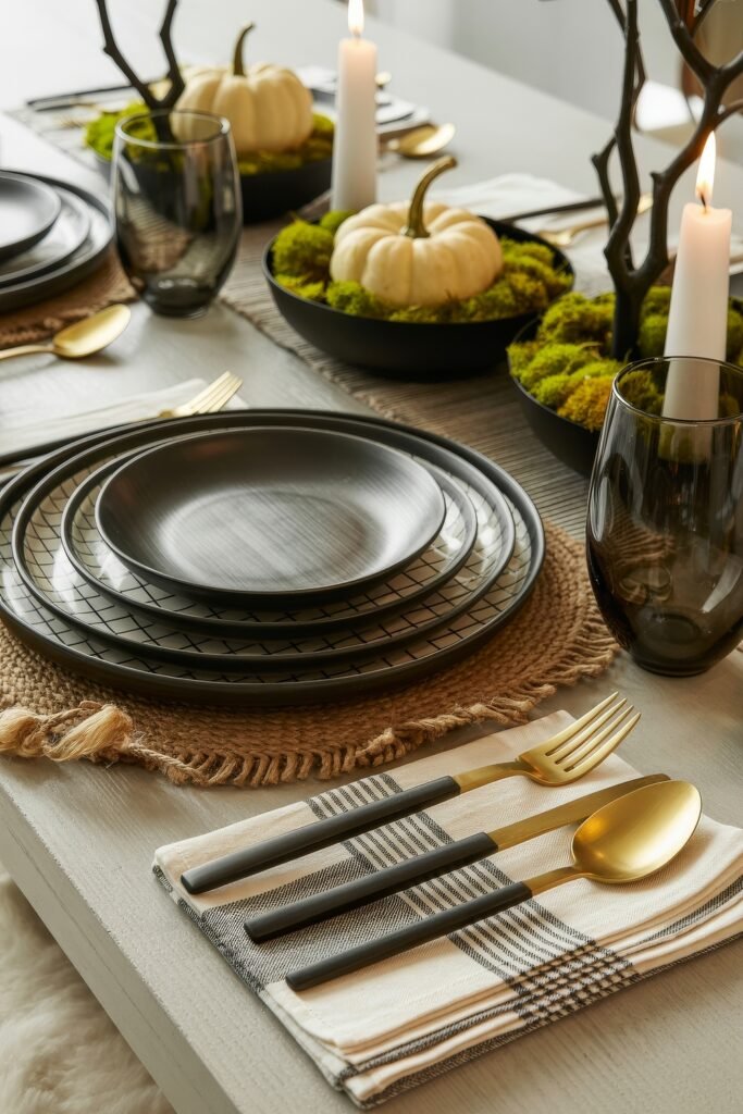 Monochrome Marvels: Black & White Thanksgiving Tablescapes 31 Elegant black and white thanksgiving tablescape with stacked matte black and grid-patterned plates, golden flatware, plaid napkins, white pumpkins in mossy bowls, and glowing white taper candles.
