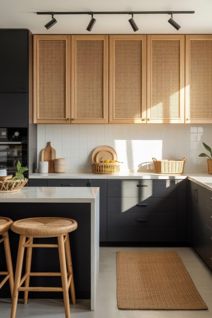 Stunning Ways to Style Black Kitchen Cabinets 35 Warm and airy kitchen with black kitchen cabinets, cane-front upper cupboards, white square tile backsplash, and natural rattan stools, decorated with wood trays and woven baskets on white countertops.