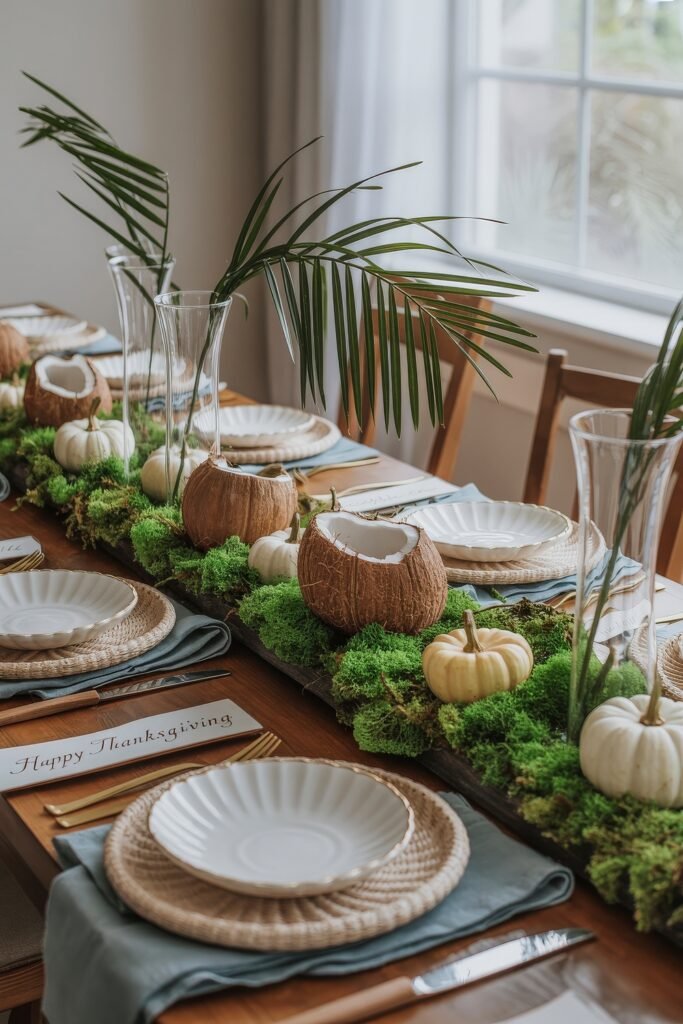 Breezy Blues & Driftwood Accents: Coastal Thanksgiving Tablescapes 30 Lush tropical thanksgiving tablescape with white pumpkins, moss, coconuts, palm leaves, and shell-edged dinnerware, anchored by a “Happy Thanksgiving” sign for a coastal and organic feel.