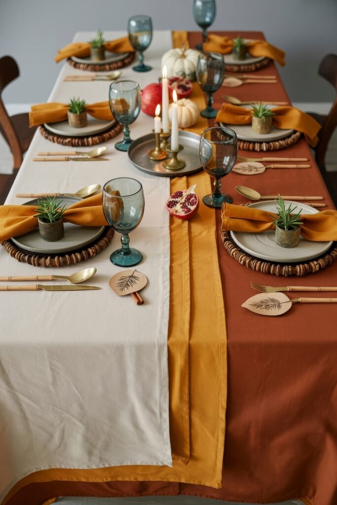 Effortless Harvest Table Looks: Thanksgiving Tablescapes Simple & Chic 29 Stylish thanksgiving tablescape simple and modern, with a split cream and rust tablecloth, mustard napkins, pomegranates, pillar candles on a tray, and mini succulents at each place setting.