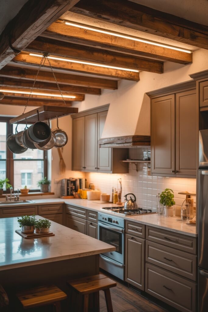 Rustic‑Modern Kitchen Ideas for Warm, Sleek Style 27 Rustic modern kitchen with exposed wood ceiling beams, hanging pot rack, gray cabinetry, and potted herbs on marble counters, blending cozy textures with sleek surfaces.