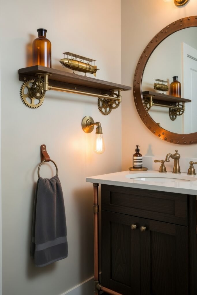 Gorgeous Ways to Elevate Your Bathroom Shelf Decor 33 Industrial steampunk-themed bathroom featuring a floating shelf with exposed brass gears, amber bottle, and a gold model airship, paired with Edison bulb lighting, a wood-framed mirror, and vintage fixtures over a dark wood vanity.