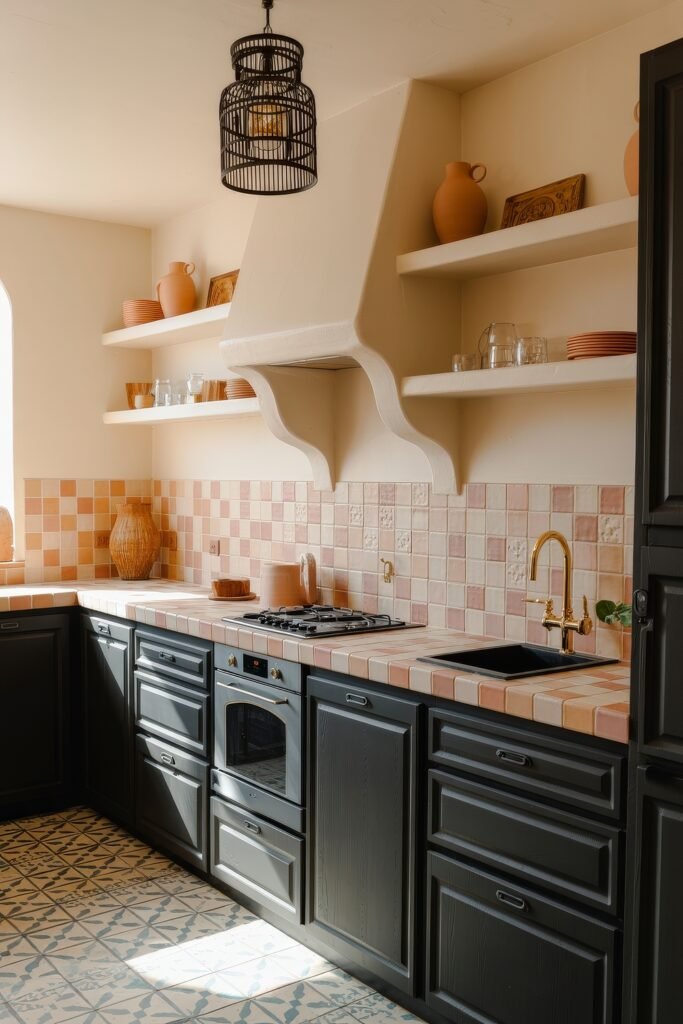 Stunning Ways to Style Black Kitchen Cabinets 36 Mediterranean-style kitchen with black kitchen cabinets, pink and beige checkerboard tile backsplash and countertop, gold faucet, and open white shelves holding terracotta dishware and decor.