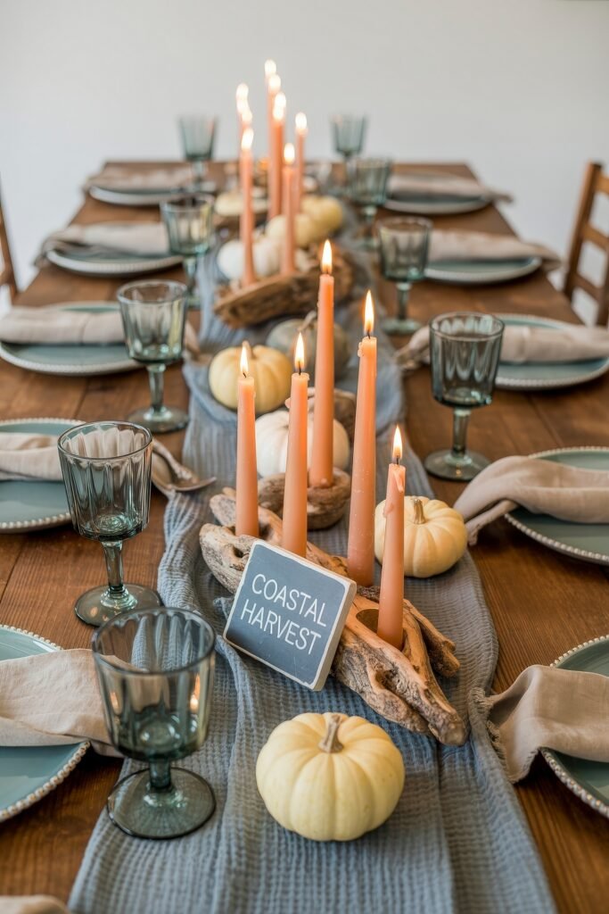 Breezy Blues & Driftwood Accents: Coastal Thanksgiving Tablescapes 31 Inviting coastal thanksgiving tablescape with peach taper candles set in driftwood, white pumpkins, seafoam blue linens, and a “Coastal Harvest” sign as a warm and rustic centerpiece.