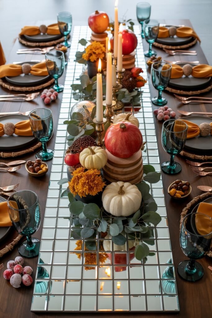 Effortless Harvest Table Looks: Thanksgiving Tablescapes Simple & Chic 30 Bold and festive Thanksgiving table with a mirrored runner reflecting tall white candles, pumpkins, pomegranates, berries, eucalyptus, and pops of orange and gold decor.