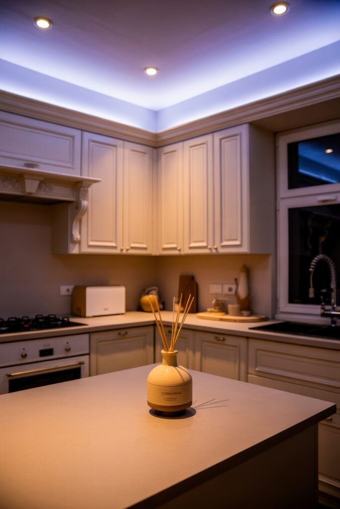 Inspiring Styles to Refresh Your White Kitchen Cabinets 30 Ambient kitchen with classic white kitchen cabinets, warm under-cabinet lighting, and a central island featuring a ceramic reed diffuser, all softly illuminated by recessed ceiling lights and blue-toned accent lighting.