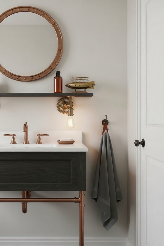Gorgeous Ways to Elevate Your Bathroom Shelf Decor 34 Coordinated steampunk bathroom decor with a gear-accented floating shelf, amber apothecary bottle, brass airship, and copper plumbing, complemented by an industrial light fixture and round riveted mirror above a black vanity with white counter.