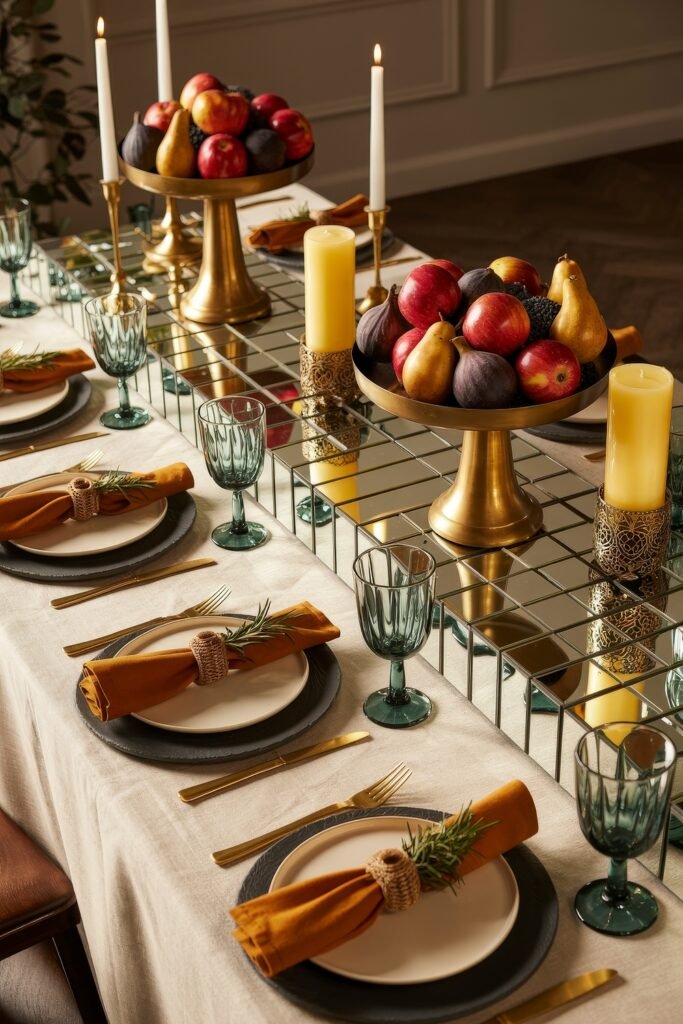 Effortless Harvest Table Looks: Thanksgiving Tablescapes Simple & Chic 31 Elegant Thanksgiving tablescape featuring gold candleholders, mirrored tiles, and raised gold fruit bowls filled with apples, pears, and figs, complemented by mustard napkins and green glassware.