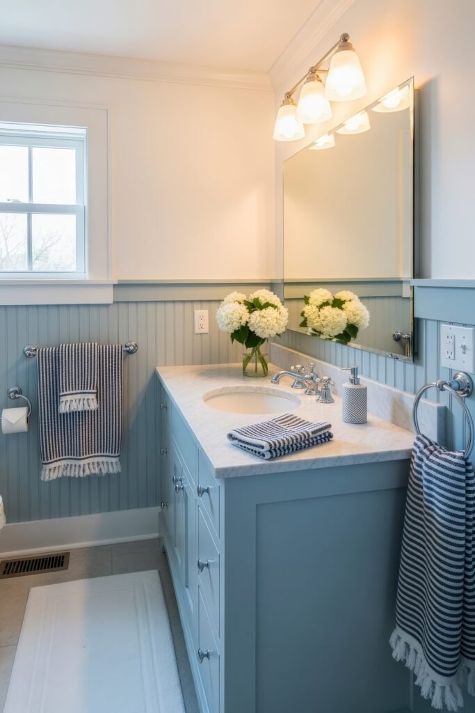 Creative Ways to Elevate Your Bathroom Wall Decor 34 Coastal-inspired bathroom with pale blue wainscoting, a marble vanity, striped hand towels, and a vase of fresh white hydrangeas, blending classic charm with refreshing bathroom decor.