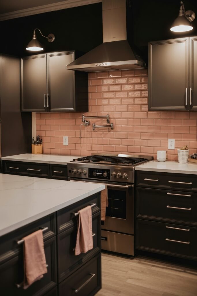 Chic Ways to Style a Modern Black Kitchen 29 Modern black kitchen with pink subway tile backsplash, stainless steel range, black cabinetry, and soft lighting for a cozy yet refined cooking space.