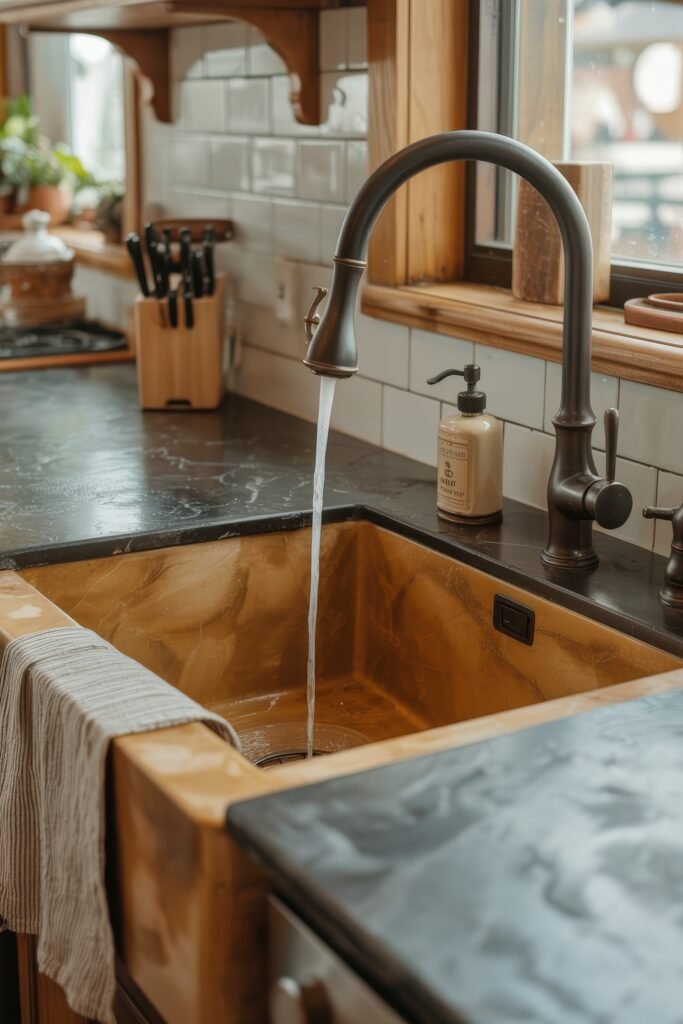 Rustic‑Modern Kitchen Ideas for Warm, Sleek Style 28 Close-up of a rustic-style kitchen sink made of golden-toned stone, with water running from a bronze faucet, set against black marble counters and white tile backsplash.