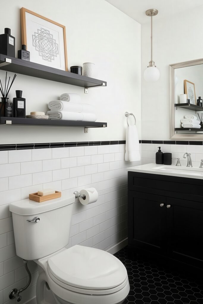 Gorgeous Ways to Elevate Your Bathroom Shelf Decor 4 Black-and-white bathroom with black hexagonal floor tiles, white subway wall tiles, and black shelves styled with towels, minimalist containers, and modern bathroom shelf decor including framed art and monochrome accessories.