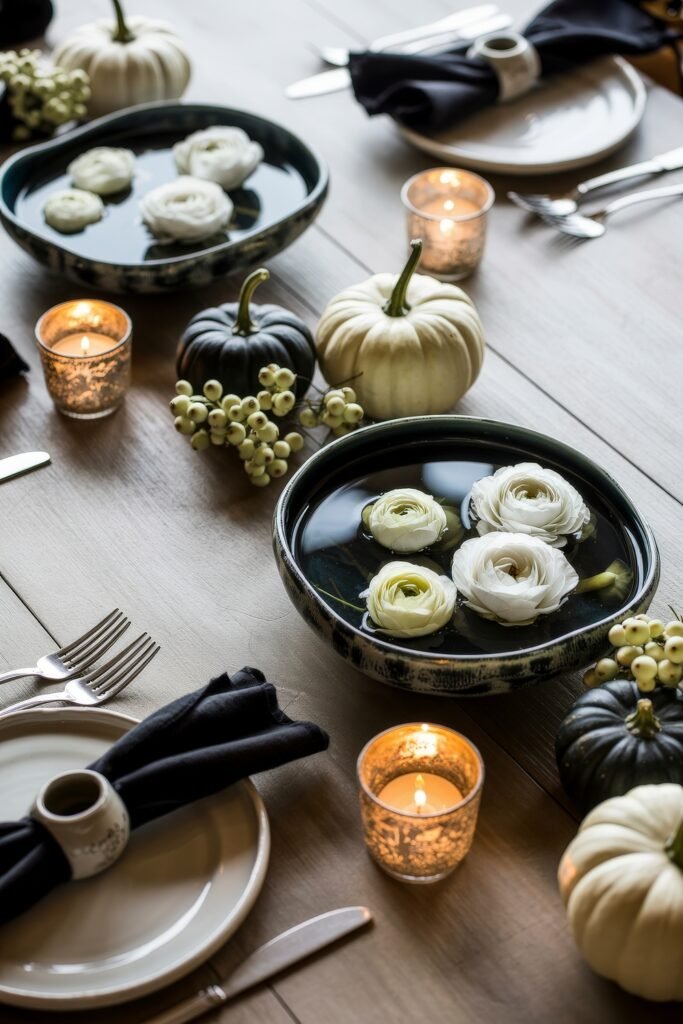Monochrome Marvels: Black & White Thanksgiving Tablescapes 6 Minimalist table setting featuring bowls of floating white ranunculus flowers, white and black pumpkins, votive candles, and black napkins, evoking a serene thanksgiving tablescape with a natural touch.