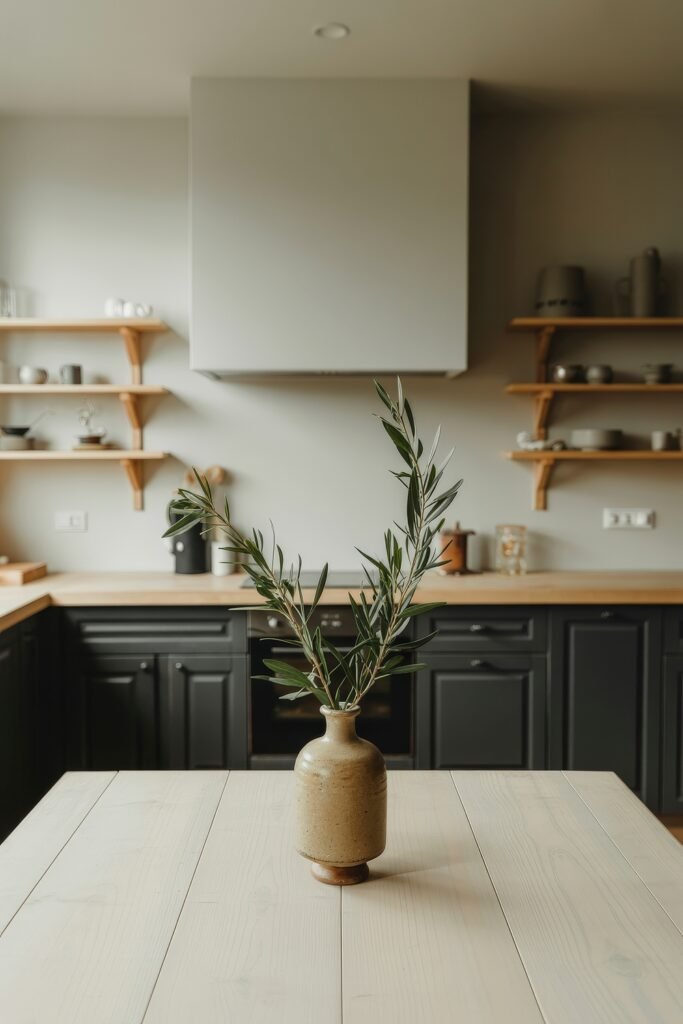 Stunning Ways to Style Black Kitchen Cabinets 6 Bright kitchen with black kitchen cabinets and wooden countertops, open wooden shelving with ceramics, and a simple vase with greenery on a pale wood table in the foreground.