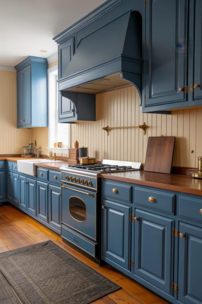 Inspiring Looks for Blue Kitchen Cabinets in Every Style 4 Traditional-style kitchen with ornate blue kitchen cabinets, brass hardware, a vintage-style stove, and warm wood countertops against beige beadboard walls.