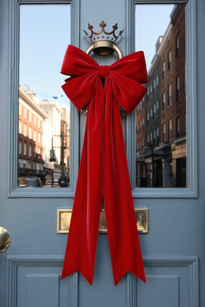 Front Door Cheer: Christmas Door Decorations Outdoor Ideas 7 A close-up of a blue door adorned with a large red velvet bow and brass crown knocker, blending urban charm with festive Christmas style.