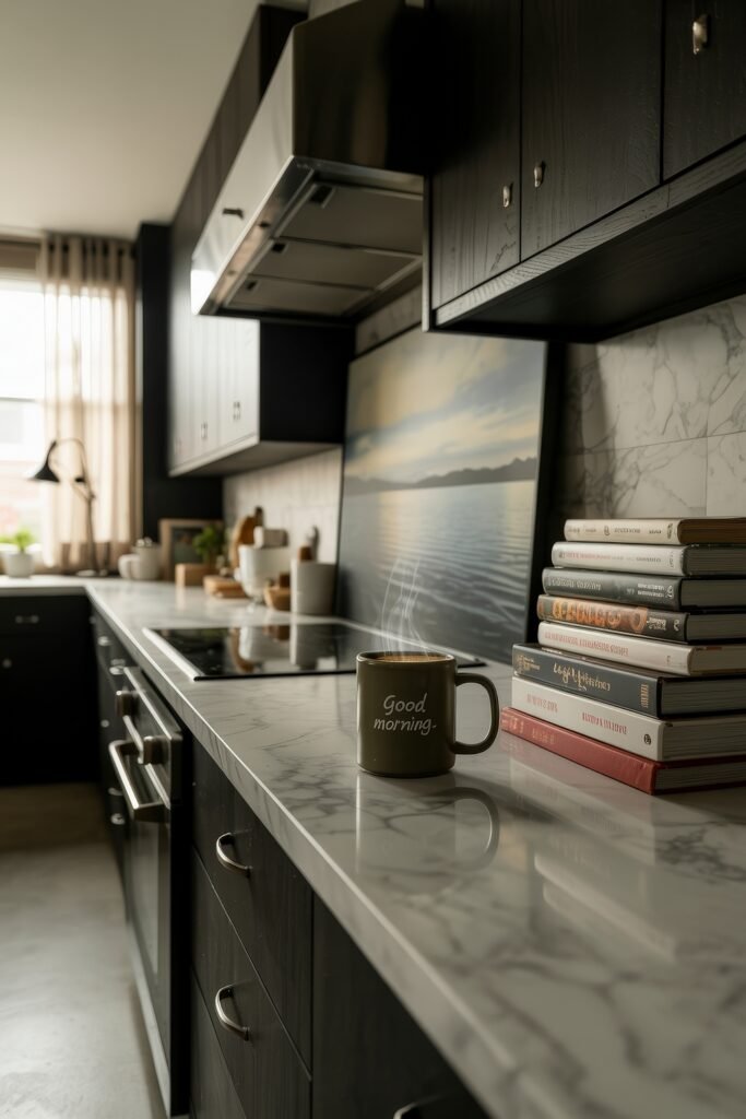 Chic Ways to Style a Modern Black Kitchen 4 Modern black kitchen with a marble countertop, steam rising from a coffee mug labeled “Good morning,” and a stack of books beside a large framed seascape.