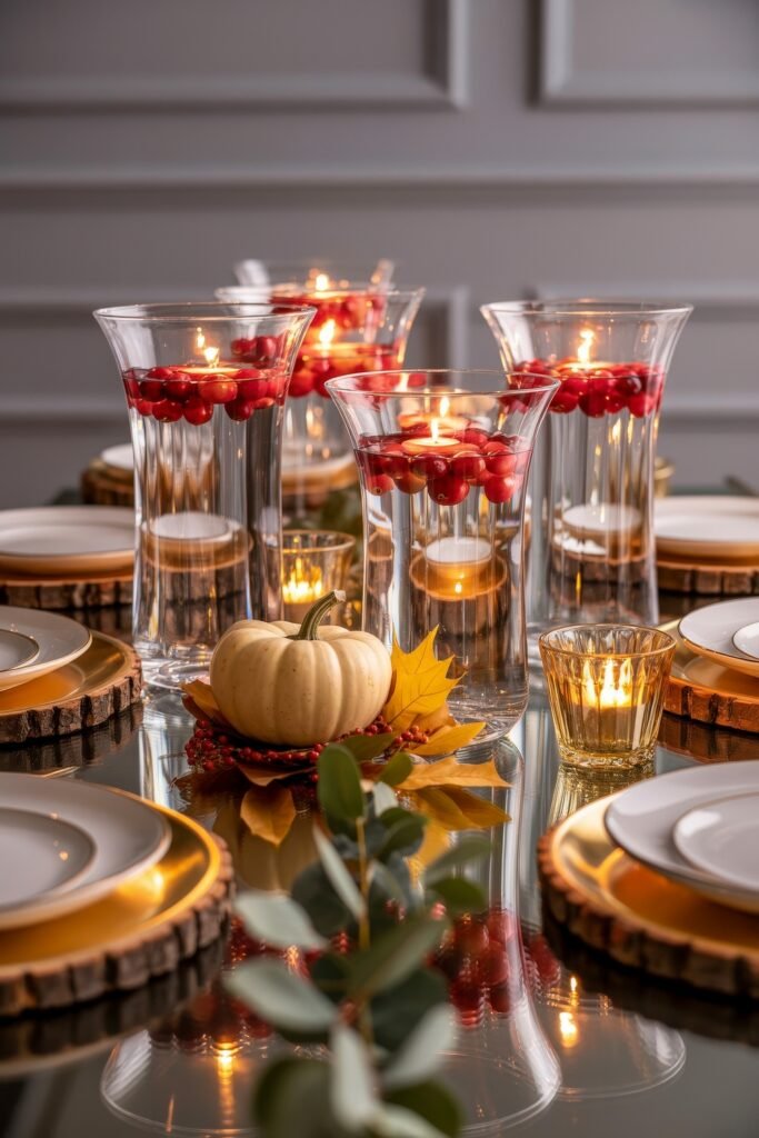 Effortless Harvest Table Looks: Thanksgiving Tablescapes Simple & Chic 3 Sophisticated fall table setting with floating candles and cranberries in clear vases, accented by a white mini pumpkin, yellow leaves, and golden rimmed plates with wood-slice chargers.