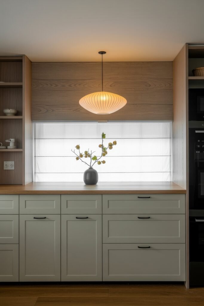 Inspiring Styles to Refresh Your White Kitchen Cabinets 4 Cozy kitchen nook with pale green cabinets, wooden countertop and paneling, a glowing pendant light, and a vase of fruit-bearing branches in front of a sheer-covered window.
