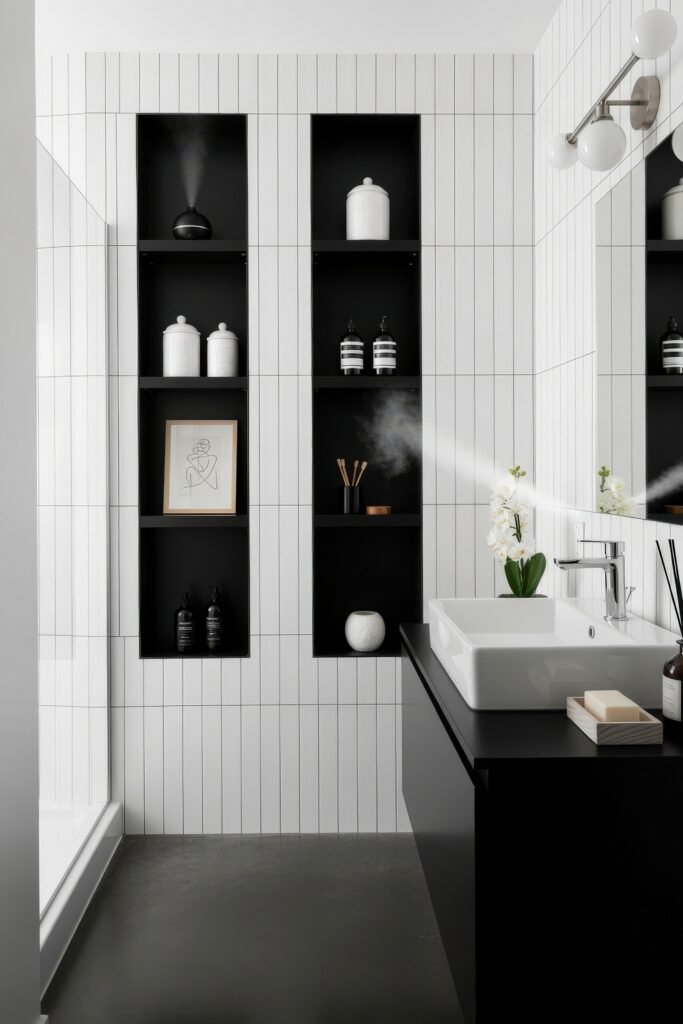 Gorgeous Ways to Elevate Your Bathroom Shelf Decor 5 Modern monochrome bathroom with vertical white tiles and recessed black shelves decorated with matching black and white containers, framed line art, diffusers, and a touch of greenery next to a sleek counter and vessel sink.