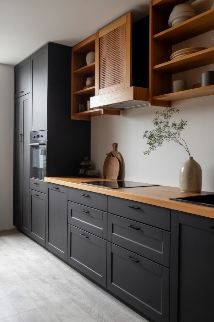Stunning Ways to Style Black Kitchen Cabinets 7 Streamlined kitchen featuring black kitchen cabinets, light wood countertops, and a built-in oven, with open wooden shelving and a natural wood vent hood creating a balanced modern-rustic aesthetic.