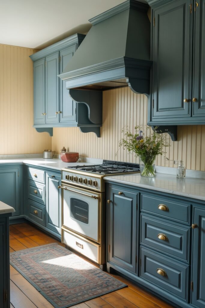 Inspiring Looks for Blue Kitchen Cabinets in Every Style 5 Bright kitchen with elegant blue kitchen cabinets, white marble countertops, and a vintage-style white and gold oven, accented with fresh flowers and natural light.