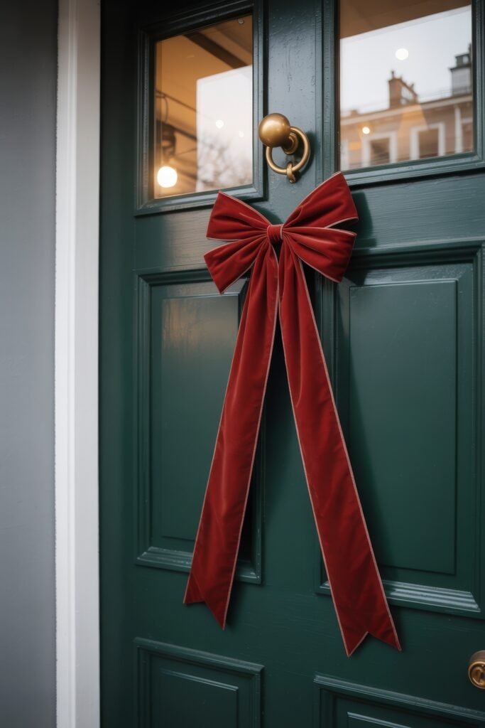 Front Door Cheer: Christmas Door Decorations Outdoor Ideas 8 A dark green door with a large red velvet bow tied to a gold knocker, viewed at an angle from the side, adding a touch of elegance to seasonal door decor.