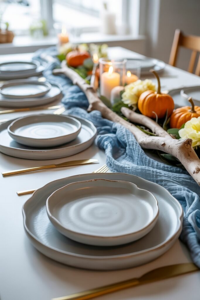 Breezy Blues & Driftwood Accents: Coastal Thanksgiving Tablescapes 4 A bright and cozy Thanksgiving table with a blue runner, white dinnerware, gold flatware, mini pumpkins, driftwood, and candles creating a natural coastal vibe.