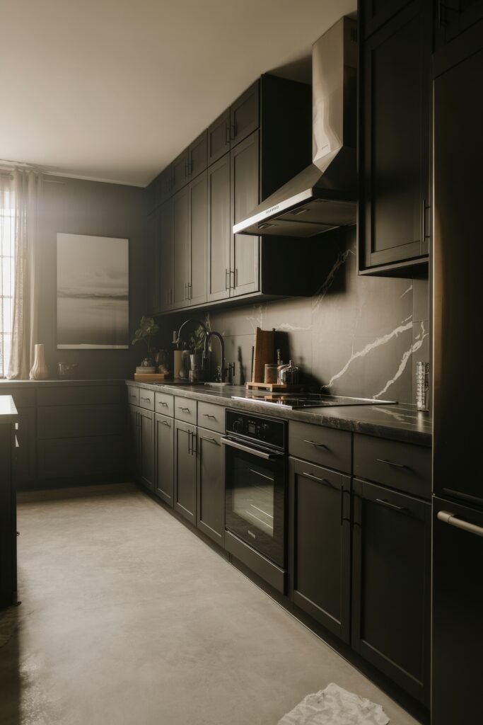 Chic Ways to Style a Modern Black Kitchen 5 Sleek modern black kitchen with tall matte cabinets, a marble-look backsplash, and soft natural light filtering through a window with sheer curtains.