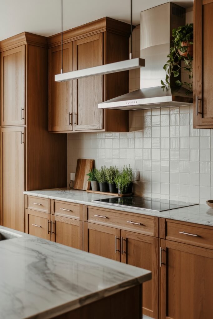 Rustic‑Modern Kitchen Ideas for Warm, Sleek Style 5 Sleek modern kitchen with tall wooden cabinets, a marble countertop, stainless steel stove hood, and rows of fresh herbs in black pots creating a contemporary natural aesthetic.