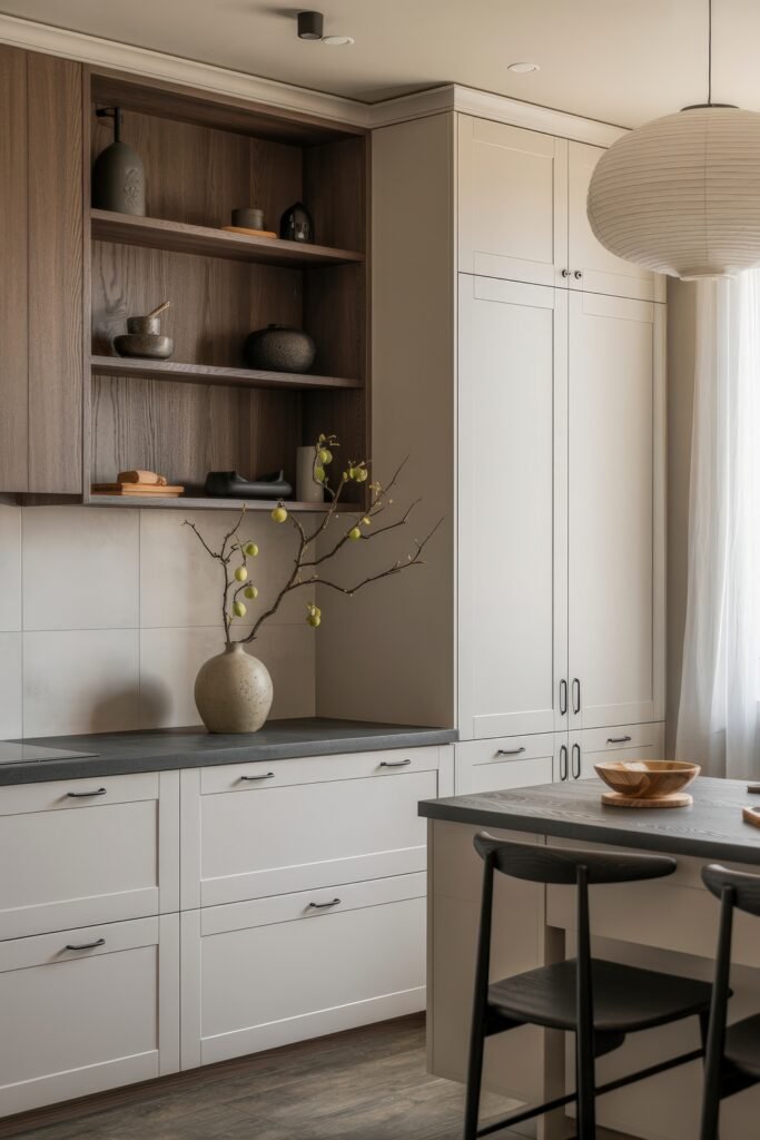 Inspiring Styles to Refresh Your White Kitchen Cabinets 5 Scandinavian-style kitchen with white shaker cabinets, dark countertops, a soft wood open shelving unit, and artistic decor including a vase with branches.