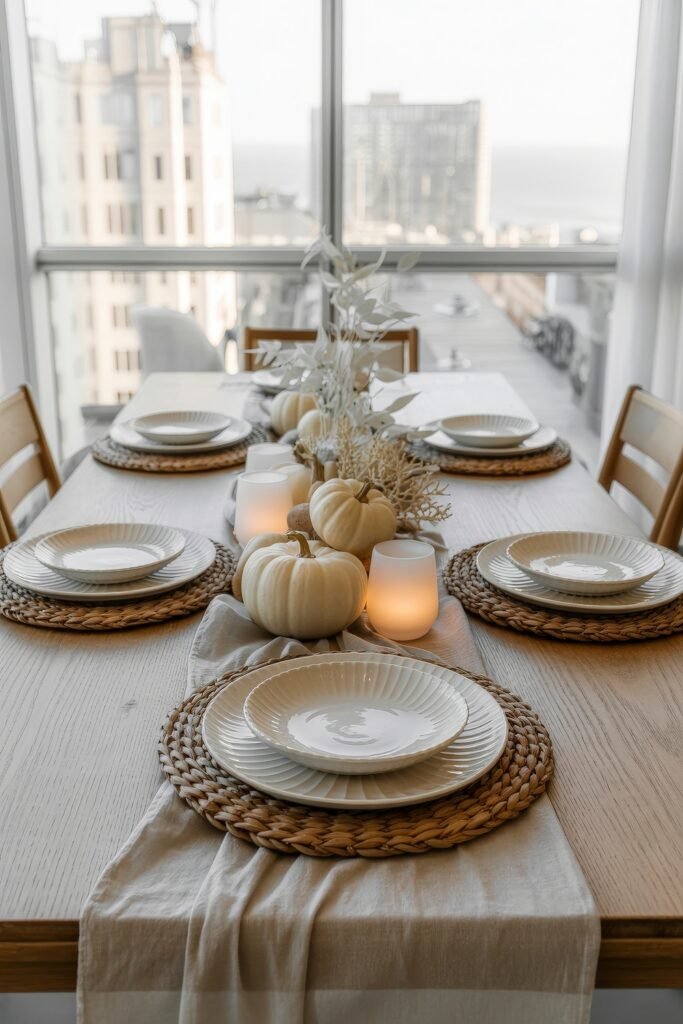 Breezy Blues & Driftwood Accents: Coastal Thanksgiving Tablescapes 5 Neutral-toned thanksgiving tablescape in a city apartment, styled with white pumpkins, warm candlelight, wicker placemats, and soft beige linens.