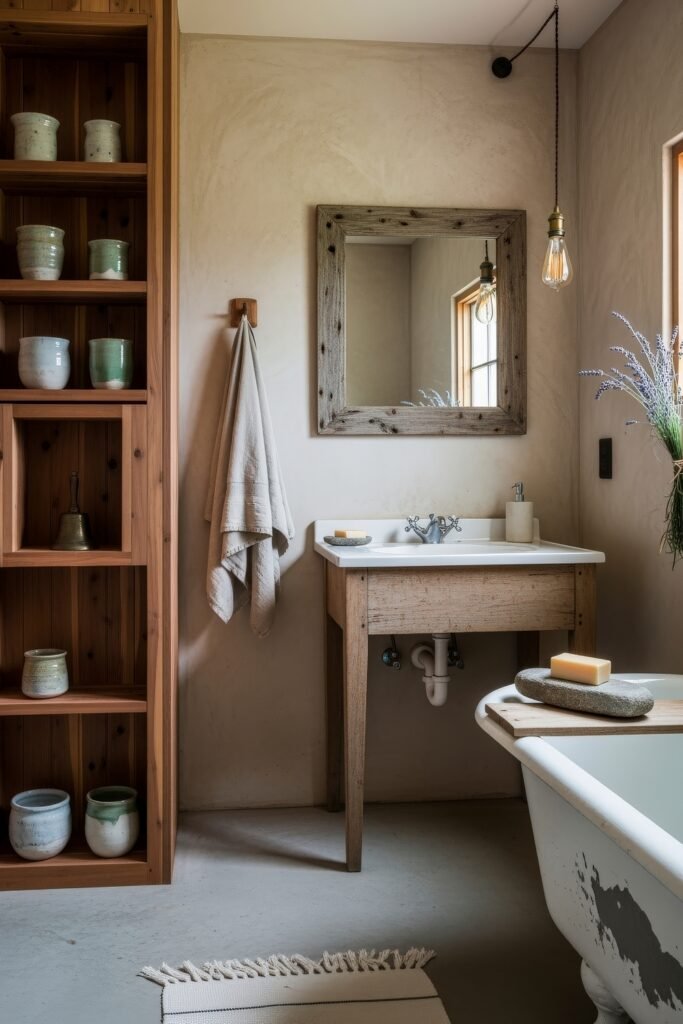 Gorgeous Ways to Elevate Your Bathroom Shelf Decor 6 Rustic bathroom featuring weathered wood accents, handmade pottery on open shelving, and natural textures including a reclaimed wood mirror and vintage-style lighting for a cozy, earthy atmosphere.