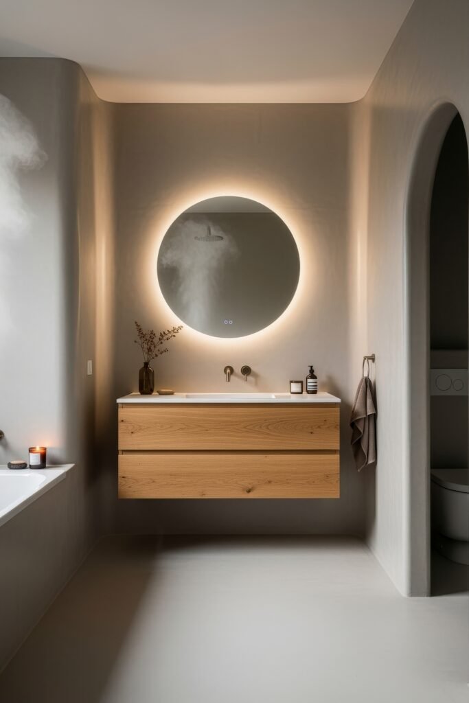 Creative Ways to Elevate Your Bathroom Wall Decor 5 Contemporary bathroom with a floating wood vanity, round backlit mirror, curved concrete walls, and a glowing ambiance created by warm candles and soft lighting.