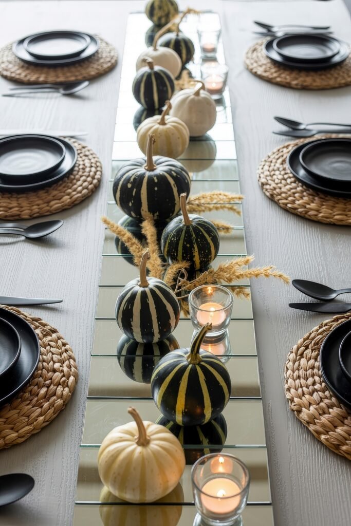 Monochrome Marvels: Black & White Thanksgiving Tablescapes 7 Striking table runner of mirrored tiles with alternating white and dark green striped gourds, flanked by black plates on woven chargers and accented by votive candles for a bold thanksgiving tablescape.