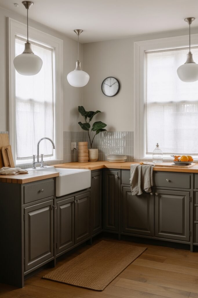 Stunning Ways to Style Black Kitchen Cabinets 8 Inviting kitchen with charcoal-toned cabinets, wood countertops, a farmhouse sink, and soft natural light, highlighted by three pendant lights and subtle green-gray backsplash tile.