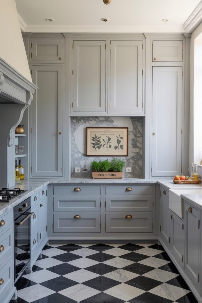 Inspiring Looks for Blue Kitchen Cabinets in Every Style 6 Elegant kitchen with light gray-blue cabinetry, marble backsplash, a framed botanical print, checkerboard flooring, and a wooden herb box labeled “Fresh Herbs.”