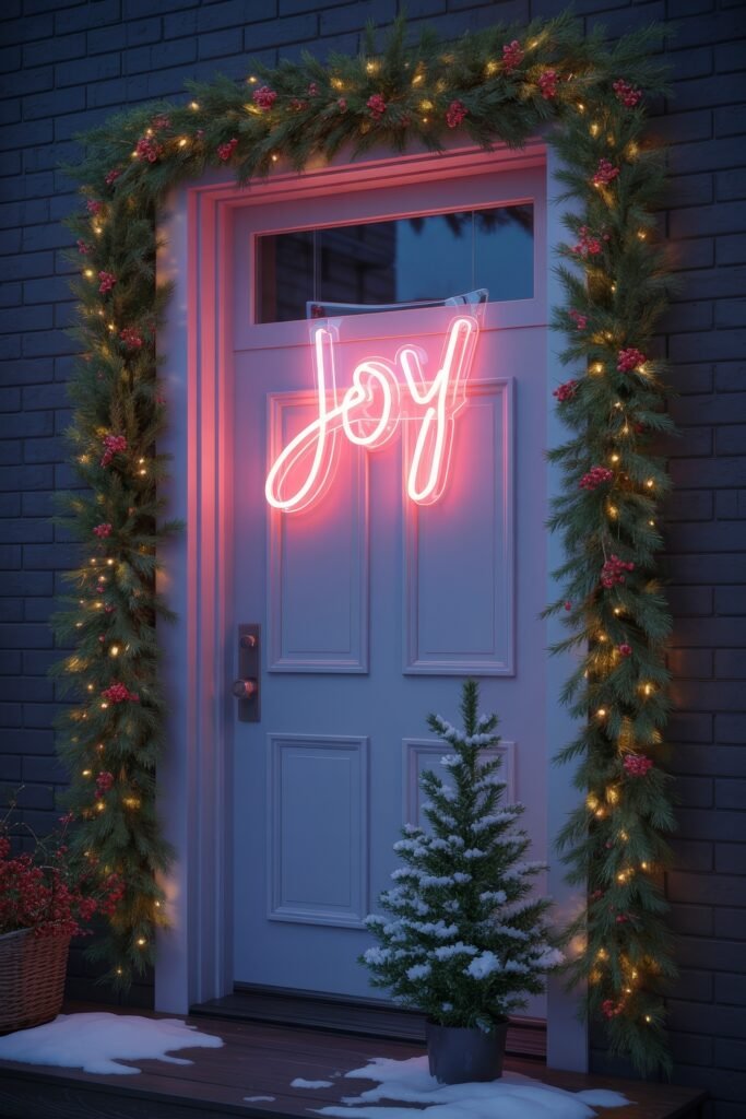 Front Door Cheer: Christmas Door Decorations Outdoor Ideas 9 A nighttime scene of a white door outlined in pine garland with lights and red berries, featuring a pink neon "Joy" sign above and a small snow-covered tree at the doorstep.