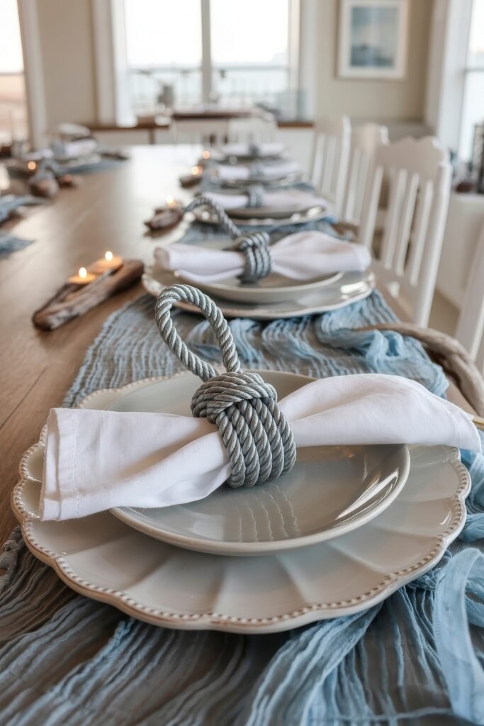 Breezy Blues & Driftwood Accents: Coastal Thanksgiving Tablescapes 6 Nautical-themed Thanksgiving table with white dinnerware, blue gauze runner, and rope napkin rings, evoking a coastal thanksgiving tablescape with rustic driftwood candle holders.