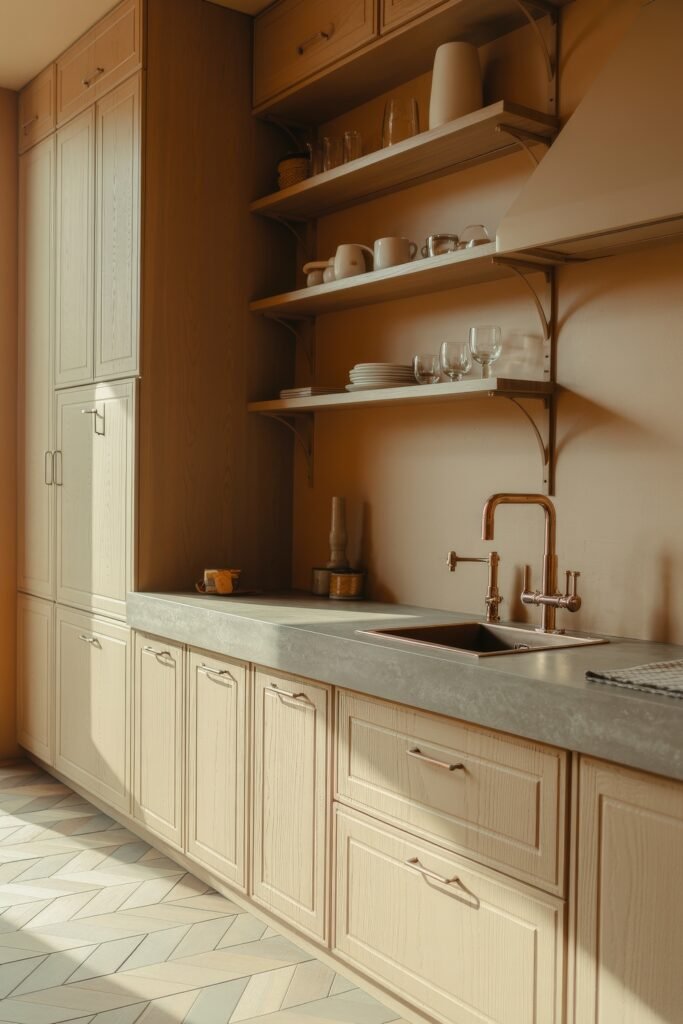 Rustic‑Modern Kitchen Ideas for Warm, Sleek Style 6 Minimalist kitchen with beige cabinets, concrete countertops, open wood shelving stocked with dishes and glassware, and a copper faucet that adds a touch of elegance.