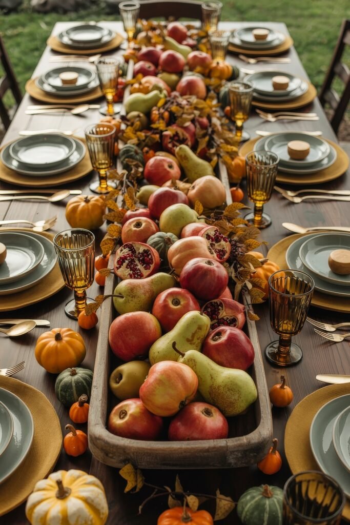 Effortless Harvest Table Looks: Thanksgiving Tablescapes Simple & Chic 4 Abundant Thanksgiving centerpiece overflowing with apples, pears, gourds, and pomegranates in a rustic wooden tray, surrounded by amber goblets, gold flatware, and pumpkins for a vibrant harvest table.